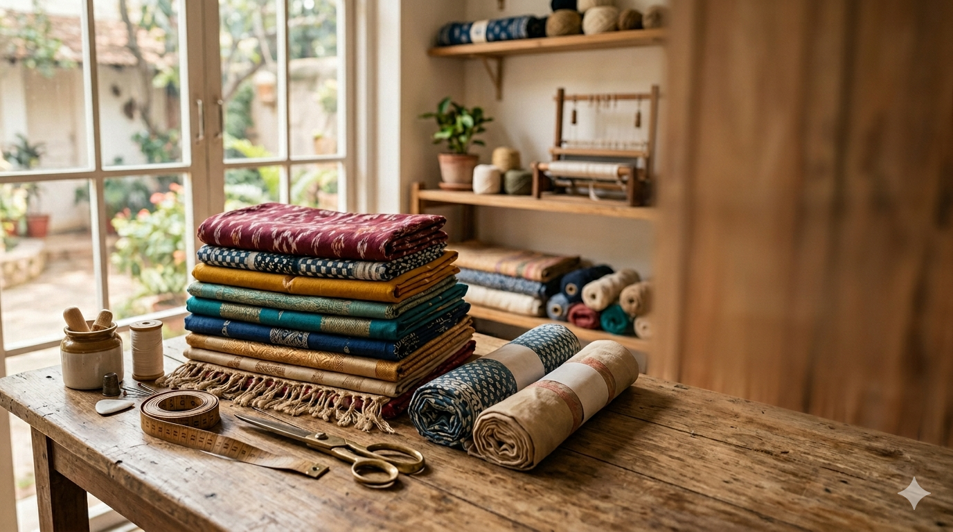 Display of handcrafted leather and fabric tote bags in warm earth tones